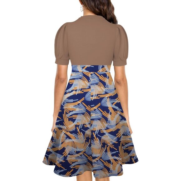 Women's Summer Short Puff Sleeve Semi-Formal Fit and Flare Dresses Khaki - Picture 2 of 2